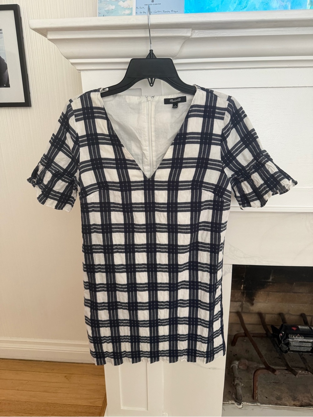 Madewell Navy & White Plaid V-Neck Short Sleeve Dress